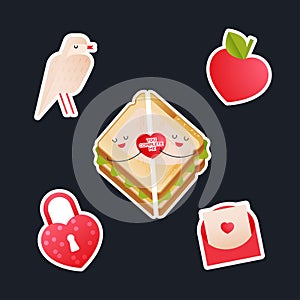 Valentine Sticker Pack. Pigeon, Sandwich, Envelop with Letter, Lock, Heart Shape Fruit. Social Media Ads.